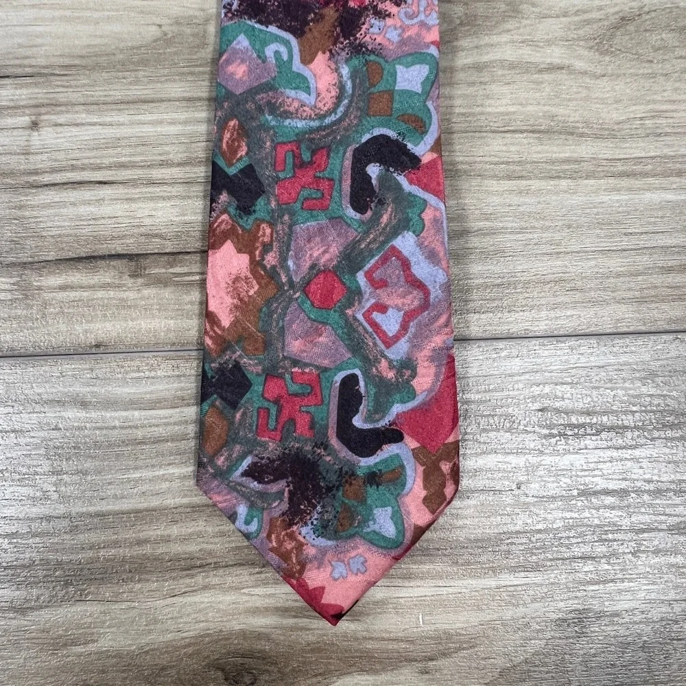 Vintage Bugle Boy USA Mens Abstract Geometric Polyester Necktie Pink Teal 90s